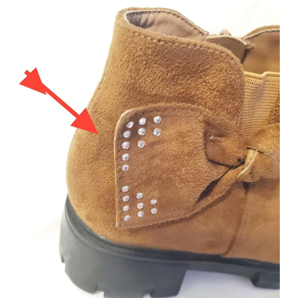 ZBY Girls Sz 1 Tan Faux Suede Ankle Boots Bow Rhinestone Lug Sole